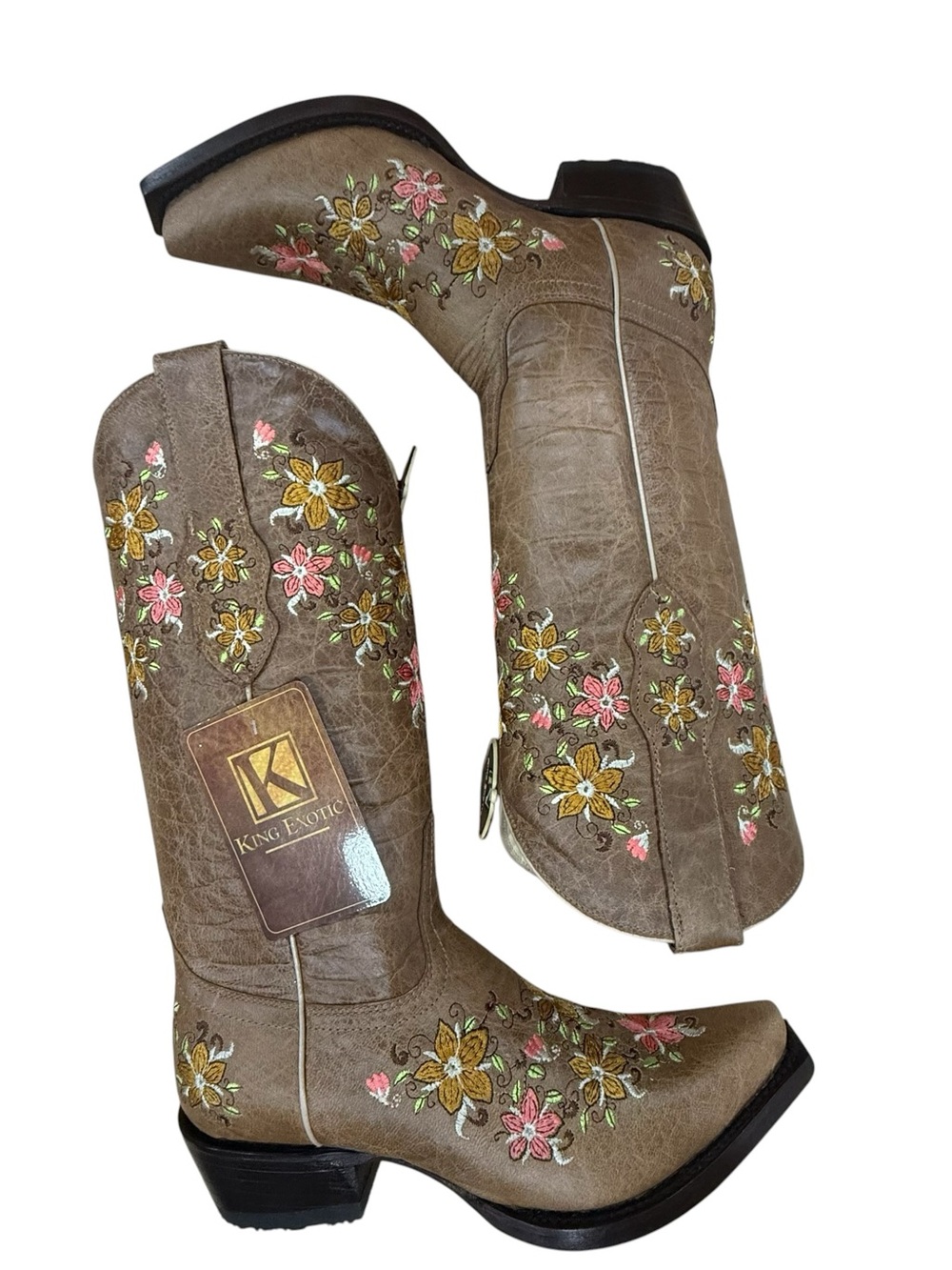 King Exotic Women’s Floral Embroidered Western Boots - Oryx Distressed